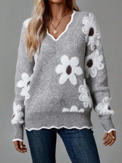 Autumn And Winter Women'S Casual Floral Jacquard V-Neck Knitted Sweater