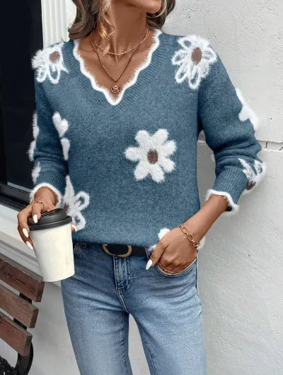 Autumn And Winter Women'S Casual Floral Jacquard V-Neck Knitted Sweater