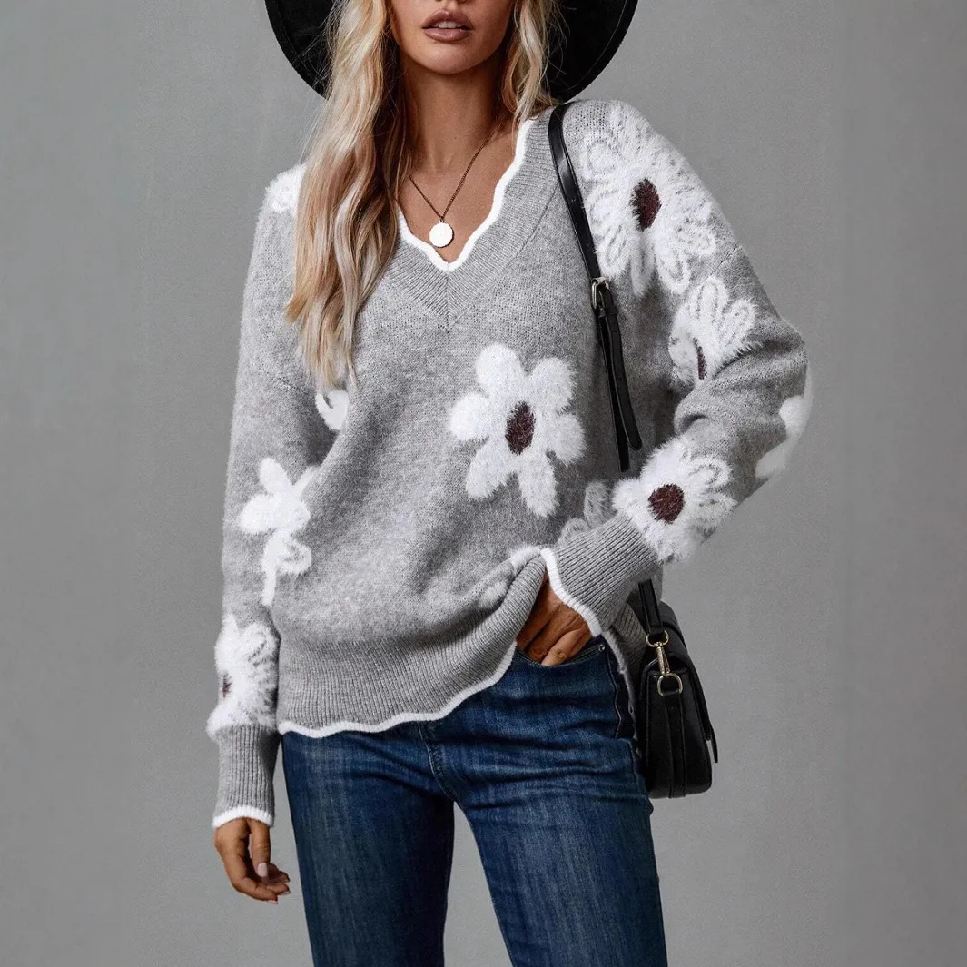 Autumn And Winter Women'S Casual Floral Jacquard V-Neck Knitted Sweater