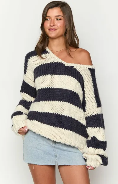 Autumn And Winter Women Sleeve Long Stripe Knitted Sweater