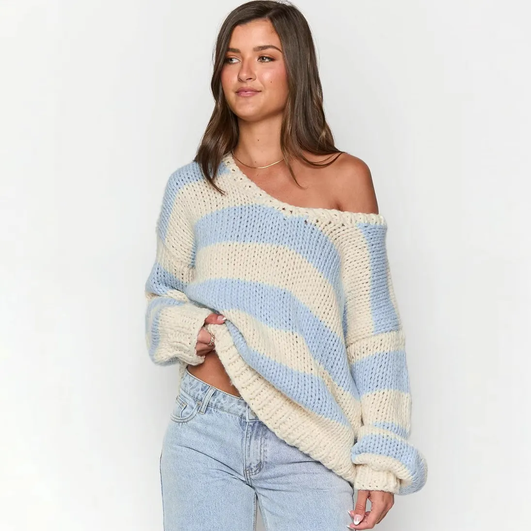 Autumn And Winter Women Sleeve Long Stripe Knitted Sweater