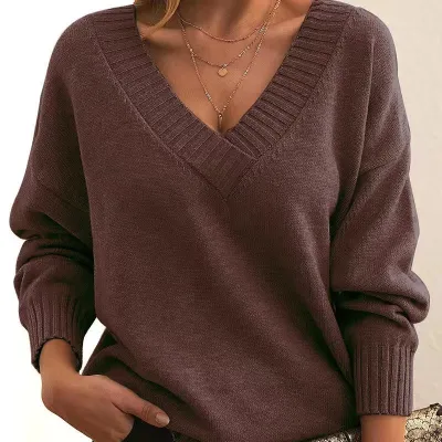 Autumn And Winter Women Casual Solid Color V-Neck Knitted Sweater