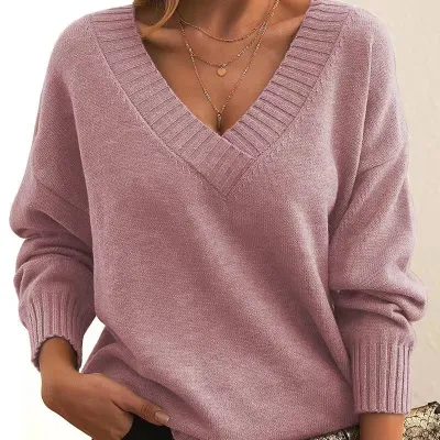 Autumn And Winter Women Casual Solid Color V-Neck Knitted Sweater