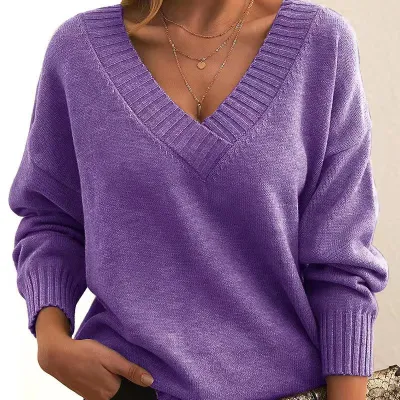 Autumn And Winter Women Casual Solid Color V-Neck Knitted Sweater