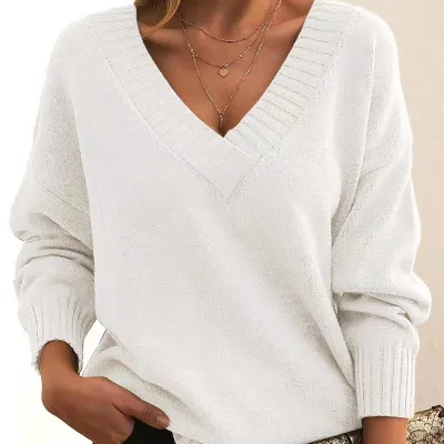 Autumn And Winter Women Casual Solid Color V-Neck Knitted Sweater