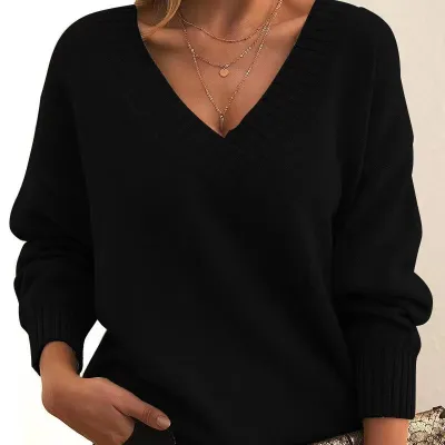 Autumn And Winter Women Casual Solid Color V-Neck Knitted Sweater