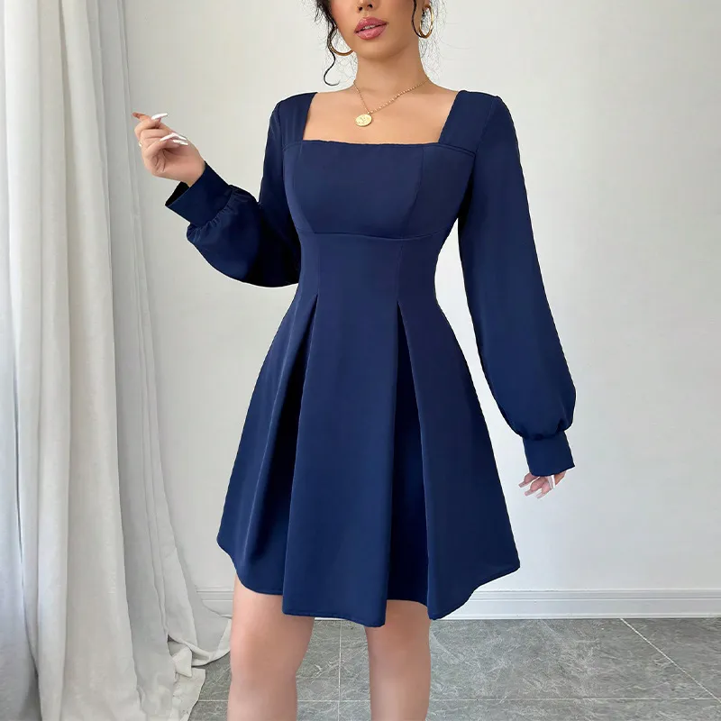 Autumn Women Fashion Long Sleeve Square Collar A- Line Dress