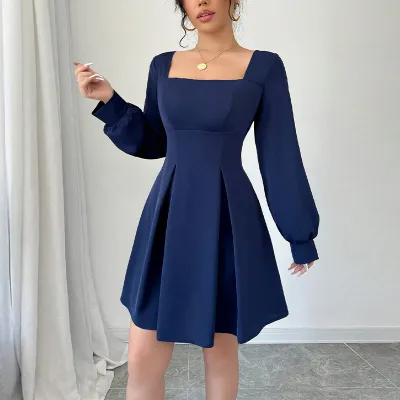 Autumn Women Fashion Long Sleeve Square Collar A- Line Dress