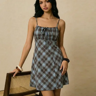 Women Fashion Plaid Sling Dress