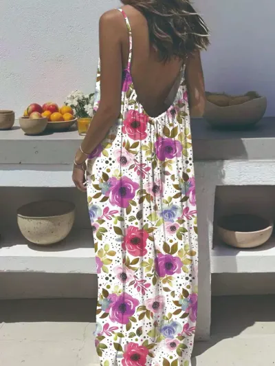 Women Casual Print Loose Strap Maxi Dress