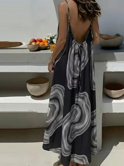Women Casual Print Loose Strap Maxi Dress