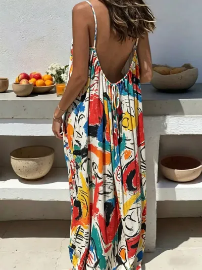 Women Casual Print Loose Strap Maxi Dress