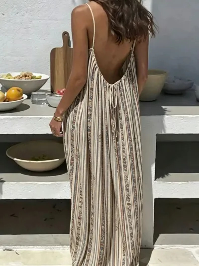 Women Casual Print Loose Strap Maxi Dress