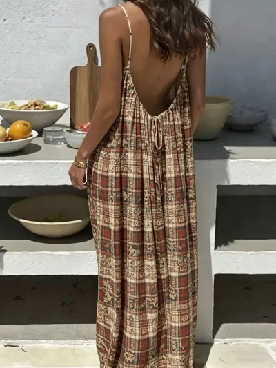 Women Casual Print Loose Strap Maxi Dress
