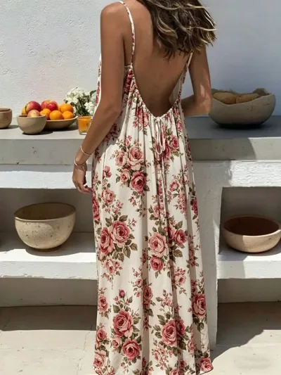 Women Casual Print Loose Strap Maxi Dress