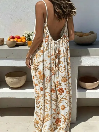Women Casual Print Loose Strap Maxi Dress