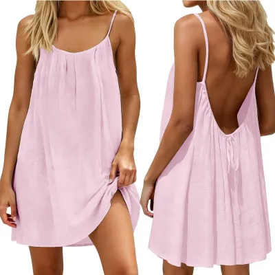 Women Casual Solid Backless Strap Dress