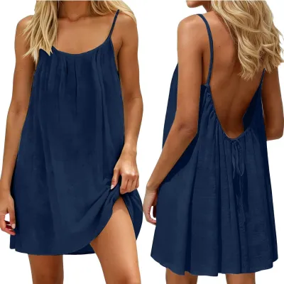 Women Casual Solid Backless Strap Dress