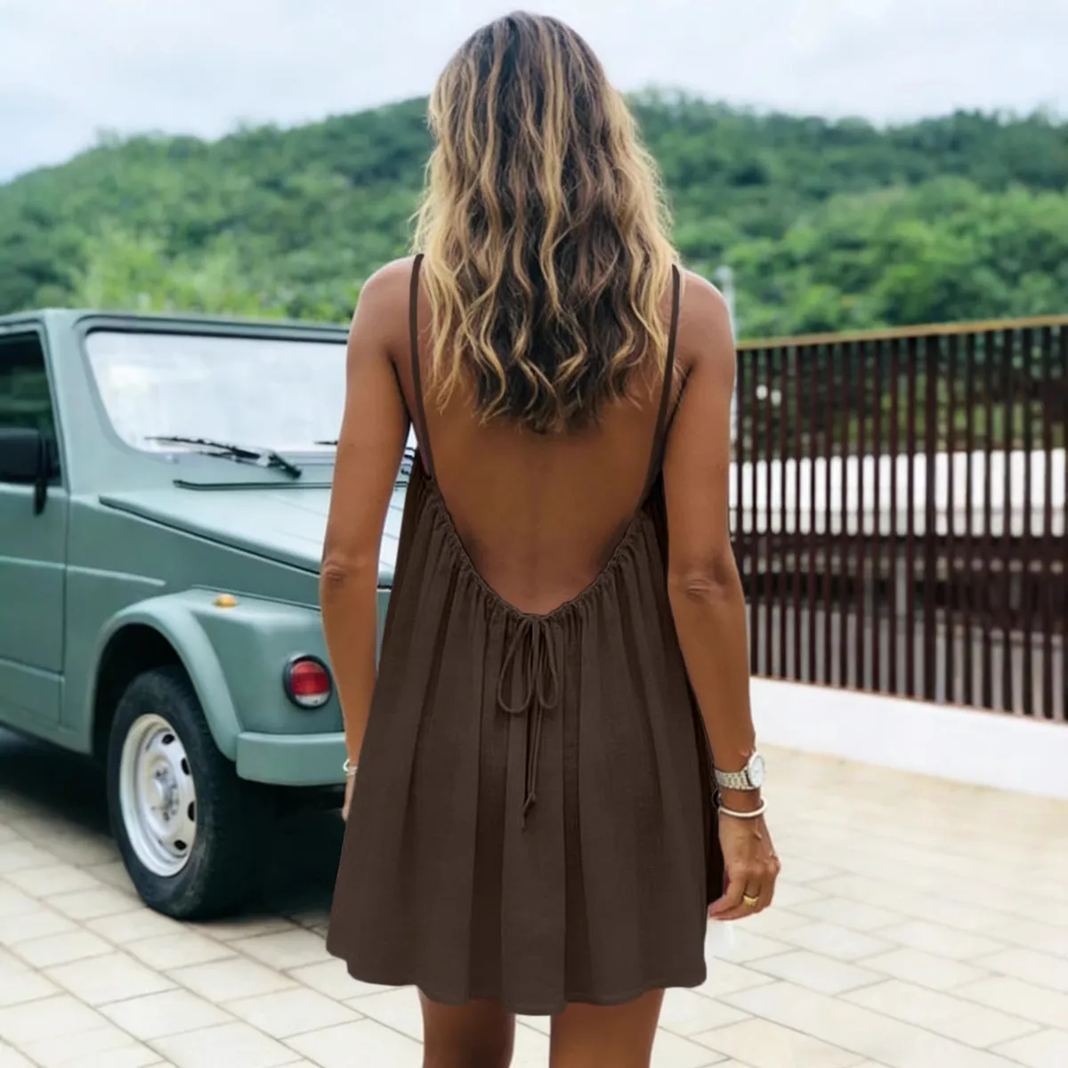 Women Casual Solid Backless Strap Dress