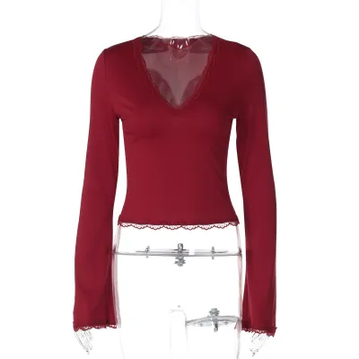 Women Sexy Solid Color Lace Long Sleeve T-Shirt