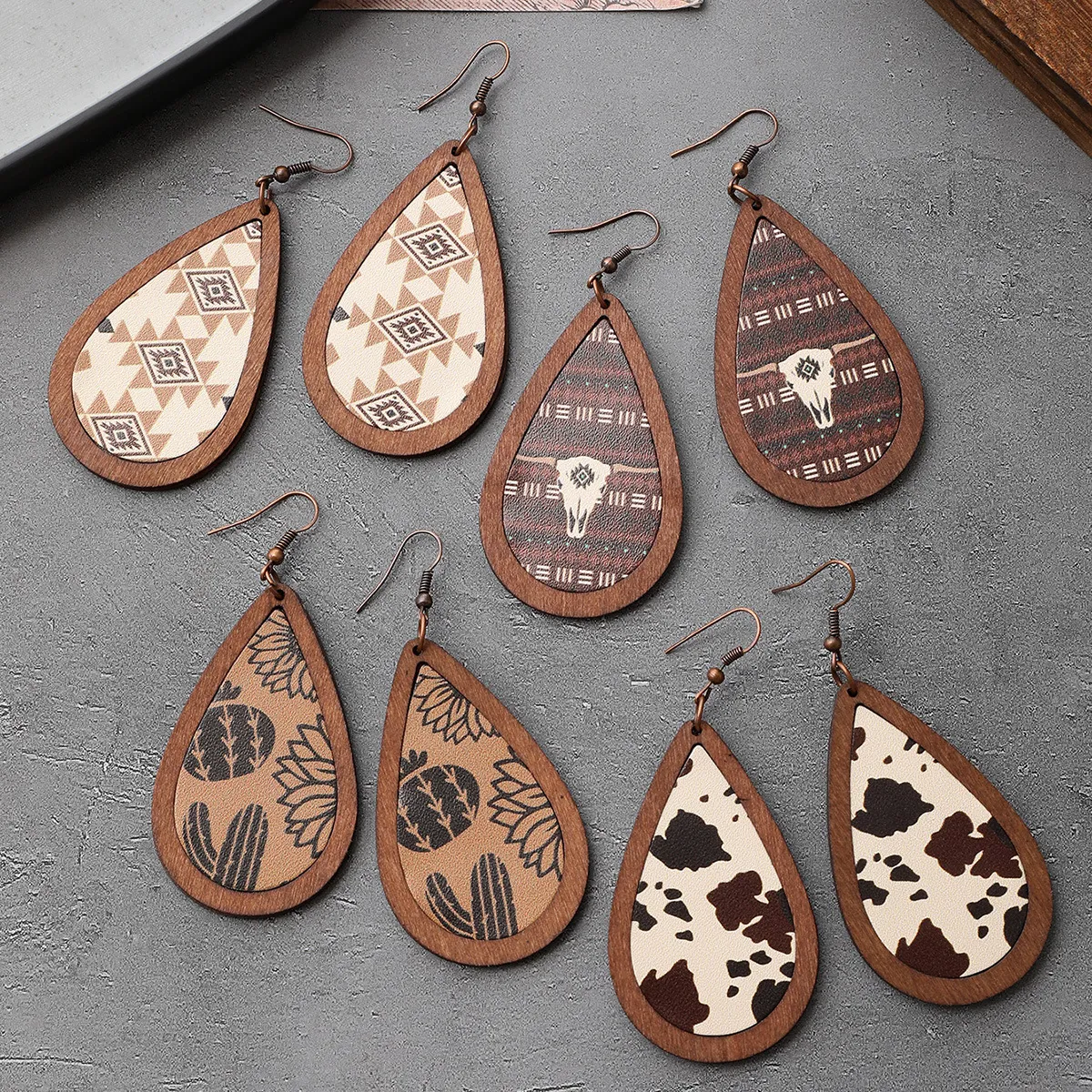 Western Denim Vintage Pattern Leather Chipped Earrings