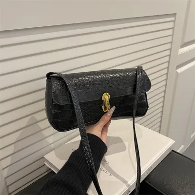 Women Fashion Casual Retro Solid Color Crocodile Pattern Shoulder Bag