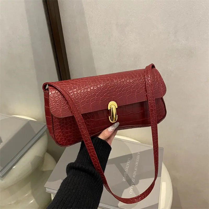 Women Fashion Casual Retro Solid Color Crocodile Pattern Shoulder Bag