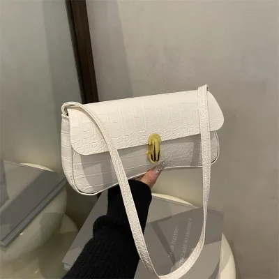 Women Fashion Casual Retro Solid Color Crocodile Pattern Shoulder Bag