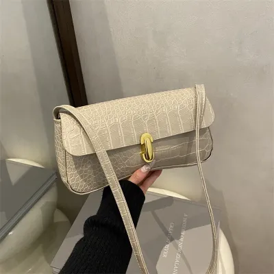 Women Fashion Casual Retro Solid Color Crocodile Pattern Shoulder Bag