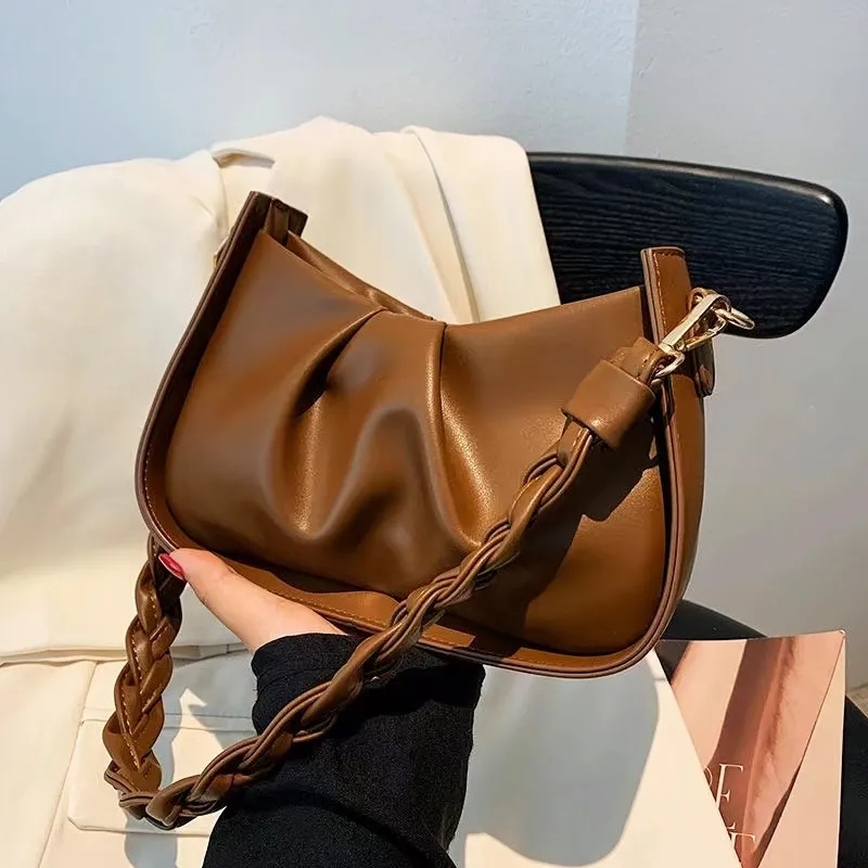 Women Fashion Causal Retro Solid Color Cloud Pleated Shoulder Bag