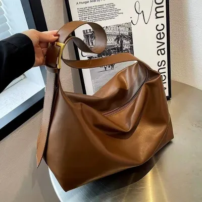 Women Fashion Casual Retro Solid Color Soft Large Capacity Shoulder Bag