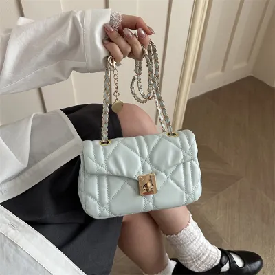 Women Fashion Casual Solid Color Small Square Rhomboid Chain Shoulder Bag