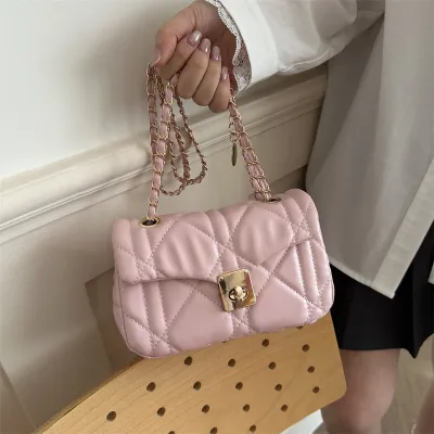Women Fashion Casual Solid Color Small Square Rhomboid Chain Shoulder Bag
