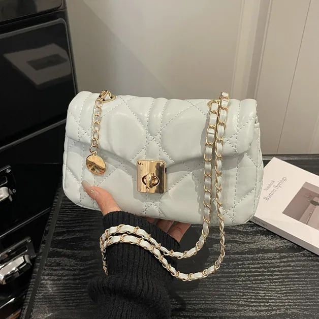 Women Fashion Casual Solid Color Small Square Rhomboid Chain Shoulder Bag