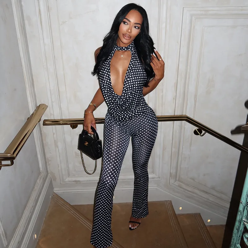 Women Fashion Sexy Polka Dot Print Cowl Neck Sleeveless Tight Waist Jumpsuits