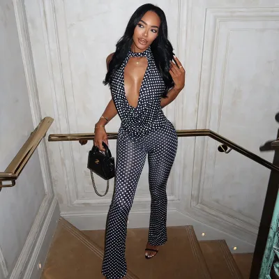 Women Fashion Sexy Polka Dot Print Cowl Neck Sleeveless Tight Waist Jumpsuits