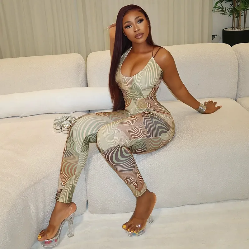 Women'S Fashion Sexy Summer Printed Backless Tight Jumpsuit