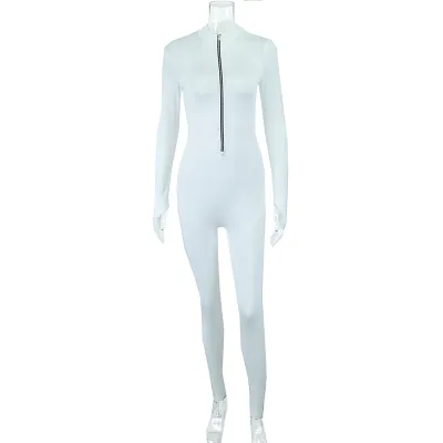 Women Fashion Casual Solid Color Zipper Collar High Elastic Long Sleeve Tights Slim-Fit Jumpsuits