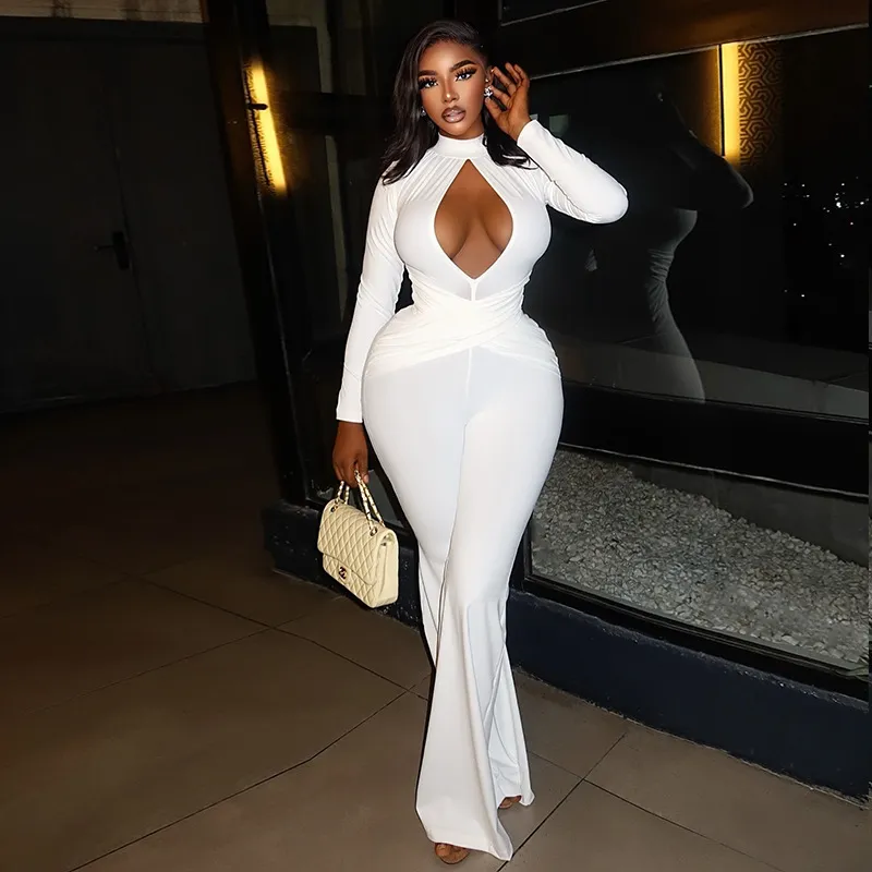 Women Fashion Sexy Solid Color Hollow-Out Long Sleeve Slim-Fit Jumpsuit