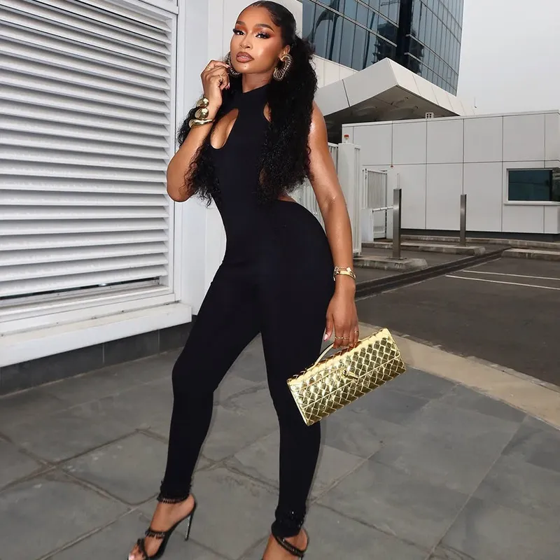 Women Fashion Sexy Summer Solid Color Hollow-Out Tight Backless Low-Waisted Jumpsuit