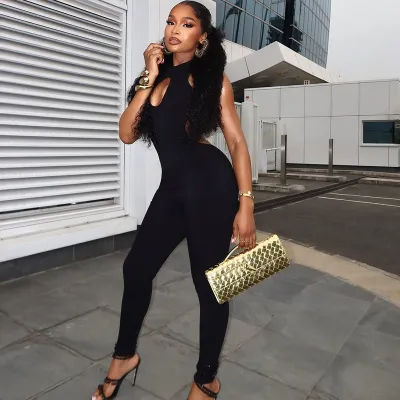 Women Fashion Sexy Summer Solid Color Hollow-Out Tight Backless Low-Waisted Jumpsuit