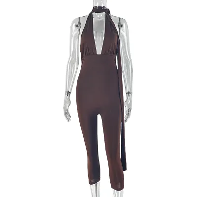 Women Fashion Sexy Solid Color V-Neck Strap Slim-Fit Solid Color Jumpsuit