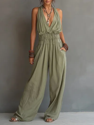 Women'S Fashion Solid Color Summer Deep V-Neck Backless Lace-Up Wide-Leg Jumpsuit