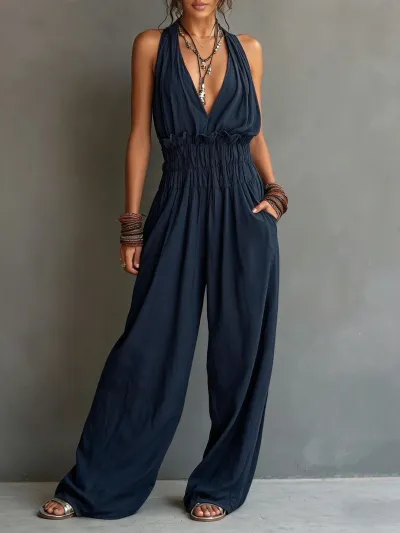 Women'S Fashion Solid Color Summer Deep V-Neck Backless Lace-Up Wide-Leg Jumpsuit