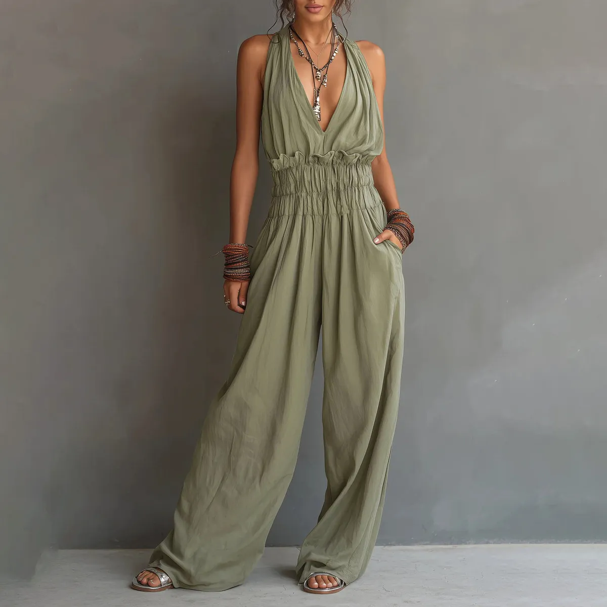 Women'S Fashion Solid Color Summer Deep V-Neck Backless Lace-Up Wide-Leg Jumpsuit