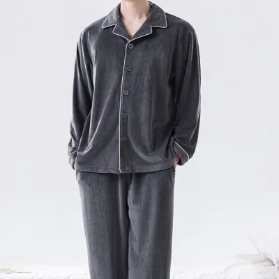 Men'S Fashion Casual Autumn And Winter Fleece-Lined Warm Long-Sleeve Cardigan Pants Pajamas Two-Piece Set