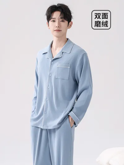 Men'S Fashion Casual Autumn And Winter Warm Thin Fleece Thickened Long-Sleeve Cardigan Pants Pajamas Two-Piece Set