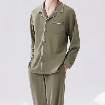 Men'S Fashion Casual Autumn And Winter Warm Thin Fleece Thickened Long-Sleeve Cardigan Pants Pajamas Two-Piece Set