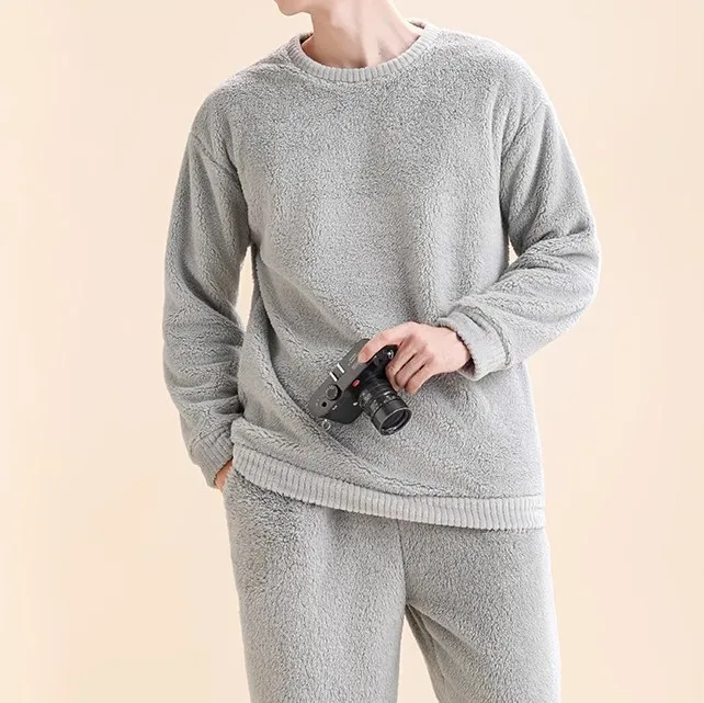 Men'S Fashion Casual Autumn Winter Solid Color Coral Fleece Lined Thickened Long-Sleeve Sweatshirt Pants Pajamas Two-Piece Set