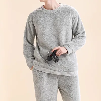 Men'S Fashion Casual Autumn Winter Solid Color Coral Fleece Lined Thickened Long-Sleeve Sweatshirt Pants Pajamas Two-Piece Set